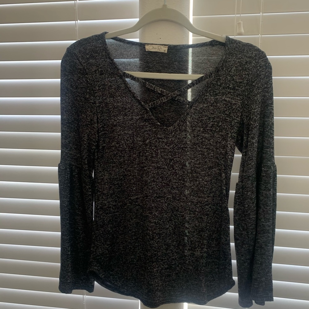 Dark Grey blouse with bell sleeves.